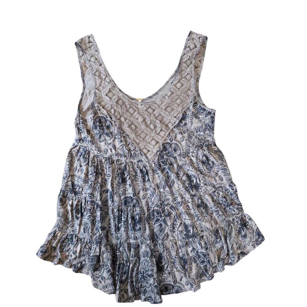 Free People Gray Blue Floral Crochet V-Yoke Tiered Babydoll Tank Top
